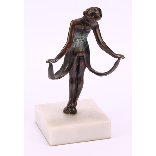 3260 - After Ferdinand Preiss, figure of semi nude lady on marble plinth, 22cm high, bronzed metal lady hol... 