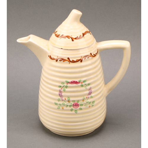 3004 - A Clarice Cliff coffee set, painted with floral garlands on a honey glaze ground, comprising ribbed ... 