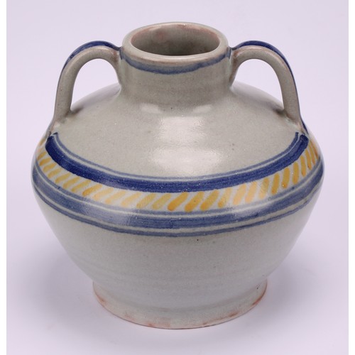 3082 - Carter, Stabler & Adams Poole - A two-handled ovoid vase, simply decorated with blue line borders an... 