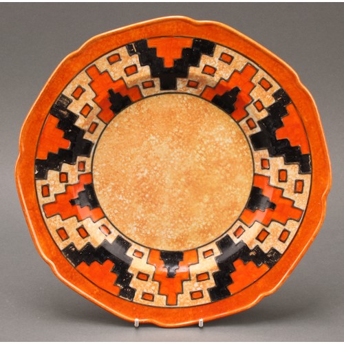 3333 - A Charlotte Rhead Crown Ducal shaped circular plate tube lined in the Aztec pattern c.1930 signed, 2... 