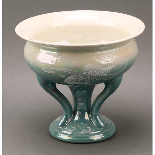 3138 - A Shelley Art Nouveau style pedestal rose bowl, by Walter Slater, decorated with stylised white fish... 