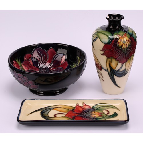 3129 - Moorcroft - an Anna Lily pattern vase, rectangular tray+, 20cm x 8.5cm, similar vase, 15.5cm high;  ... 