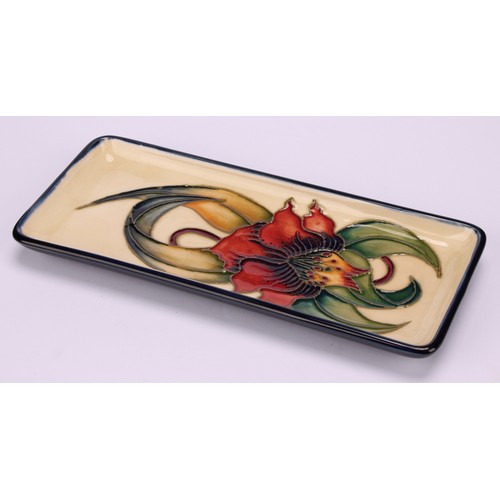 3129 - Moorcroft - an Anna Lily pattern vase, rectangular tray+, 20cm x 8.5cm, similar vase, 15.5cm high;  ... 