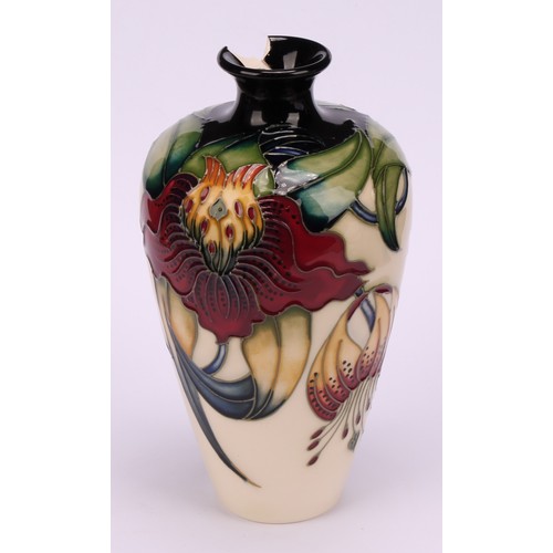 3129 - Moorcroft - an Anna Lily pattern vase, rectangular tray+, 20cm x 8.5cm, similar vase, 15.5cm high;  ... 