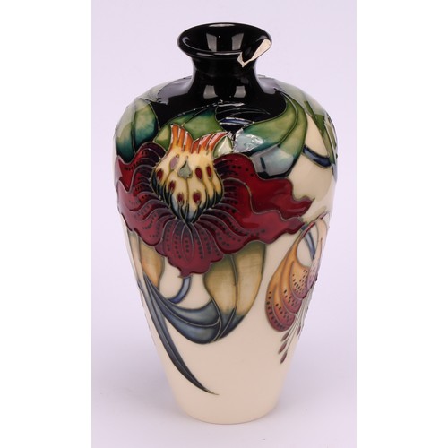 3129 - Moorcroft - an Anna Lily pattern vase, rectangular tray+, 20cm x 8.5cm, similar vase, 15.5cm high;  ... 