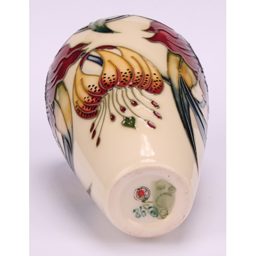 3129 - Moorcroft - an Anna Lily pattern vase, rectangular tray+, 20cm x 8.5cm, similar vase, 15.5cm high;  ... 