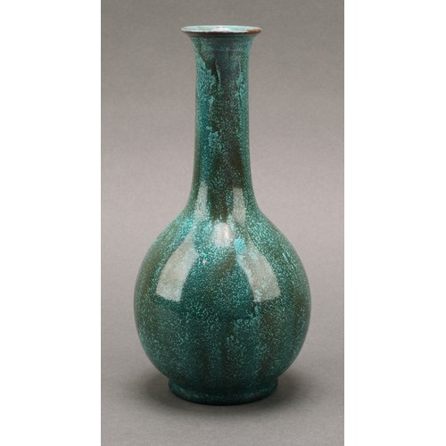 3039 - A Pilkington's Royal Lancastrian bottle vase, drip glazed in mottled turquoise green shades, flared ... 