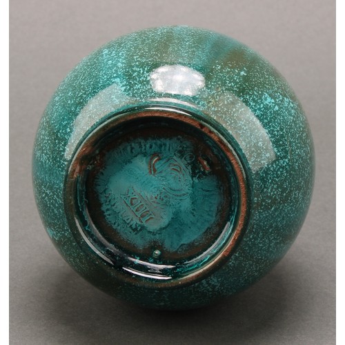 3039 - A Pilkington's Royal Lancastrian bottle vase, drip glazed in mottled turquoise green shades, flared ... 