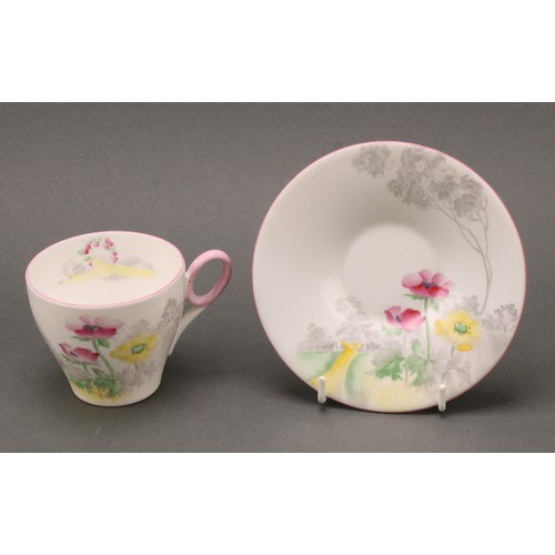 3139 - A Shelley coffee set, printed and painted with pink and yellow poppies, pattern number 0149, printed... 