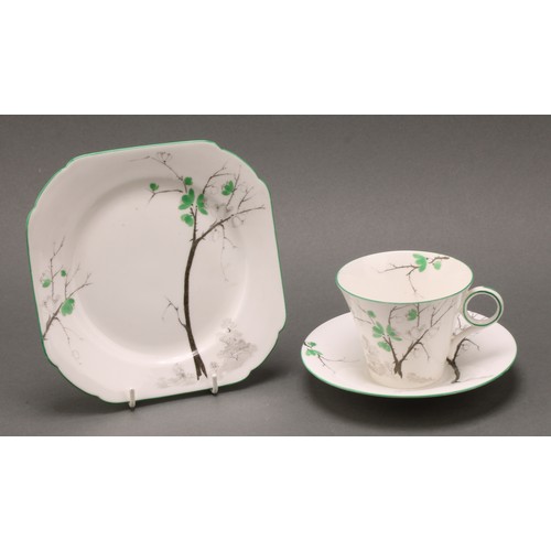 3158 - A Shelley tea set, printed with trees in silhouette with green leaves