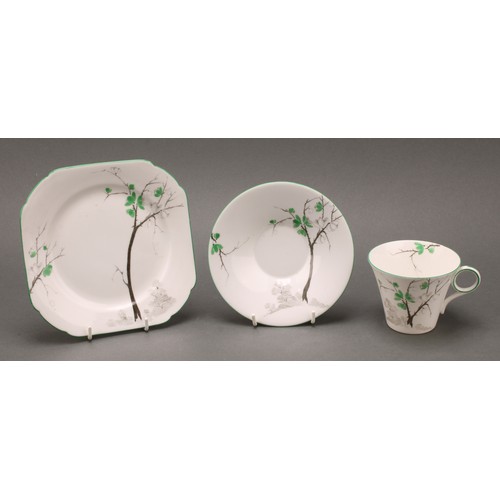 3158 - A Shelley tea set, printed with trees in silhouette with green leaves