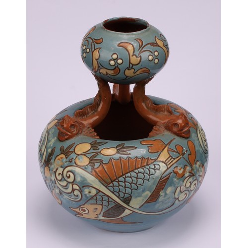 3183 - A C H Brannam Barum terracotta double gourd vase, sgraffito incised with stylised fish, glazed in sh... 