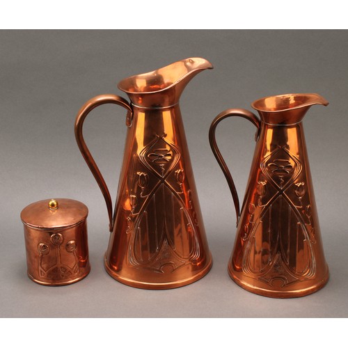 3331 - Copperware - a Carl Deffner (1817-1877) copper pot, embossed with a trio of Arts and Crafts style ro... 