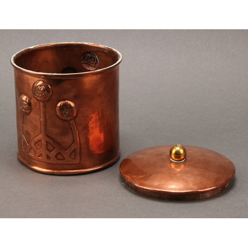 3331 - Copperware - a Carl Deffner (1817-1877) copper pot, embossed with a trio of Arts and Crafts style ro... 