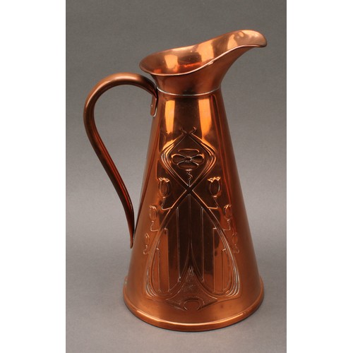 3331 - Copperware - a Carl Deffner (1817-1877) copper pot, embossed with a trio of Arts and Crafts style ro... 