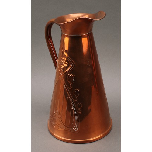 3331 - Copperware - a Carl Deffner (1817-1877) copper pot, embossed with a trio of Arts and Crafts style ro... 