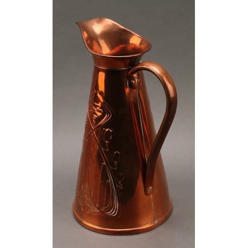 3331 - Copperware - a Carl Deffner (1817-1877) copper pot, embossed with a trio of Arts and Crafts style ro... 