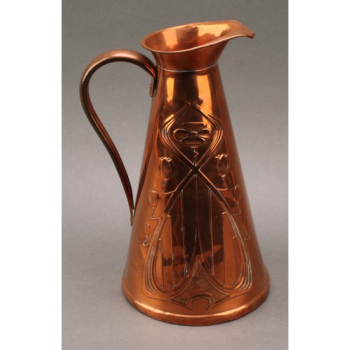 3331 - Copperware - a Carl Deffner (1817-1877) copper pot, embossed with a trio of Arts and Crafts style ro... 