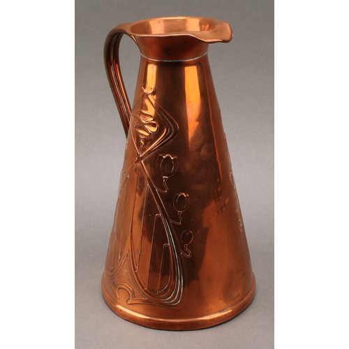 3331 - Copperware - a Carl Deffner (1817-1877) copper pot, embossed with a trio of Arts and Crafts style ro... 