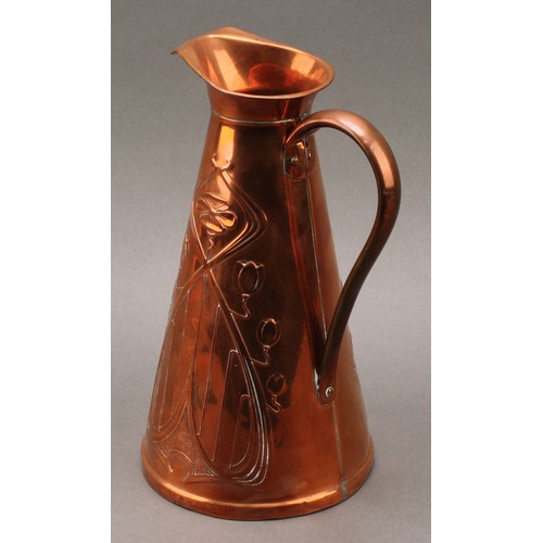 3331 - Copperware - a Carl Deffner (1817-1877) copper pot, embossed with a trio of Arts and Crafts style ro... 