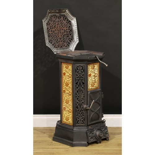 3341 - A French Belle Époque Period cast iron stove, Godin Dequenne & Cie, 80cm high, 45cm square, c.1900