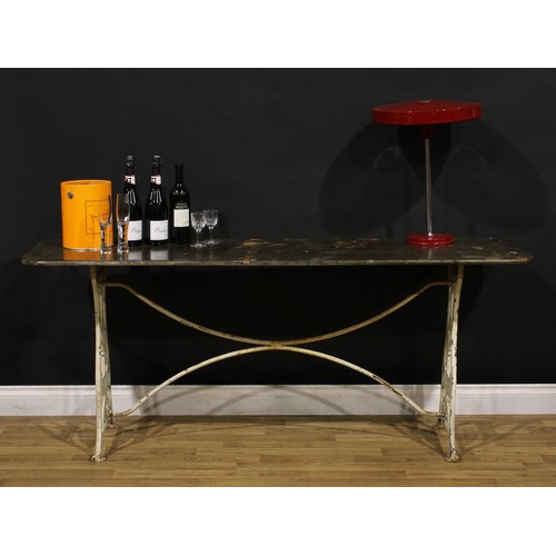 3416 - Industrial Salvage - an early 20th century cast iron and sheet metal work table, rounded rectangular... 