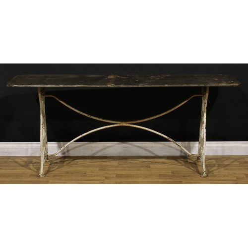 3416 - Industrial Salvage - an early 20th century cast iron and sheet metal work table, rounded rectangular... 