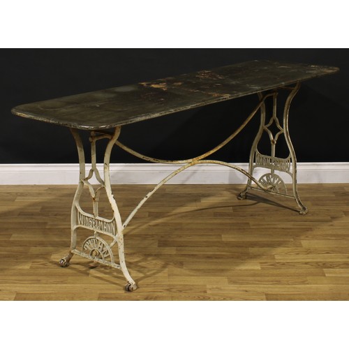 3416 - Industrial Salvage - an early 20th century cast iron and sheet metal work table, rounded rectangular... 