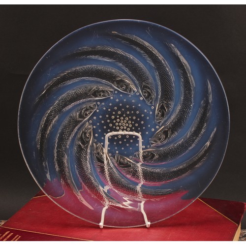 3244 - A Lalique Poisson pattern opalescent circular dish or plate, reverse moulded with a swirl of stylise... 