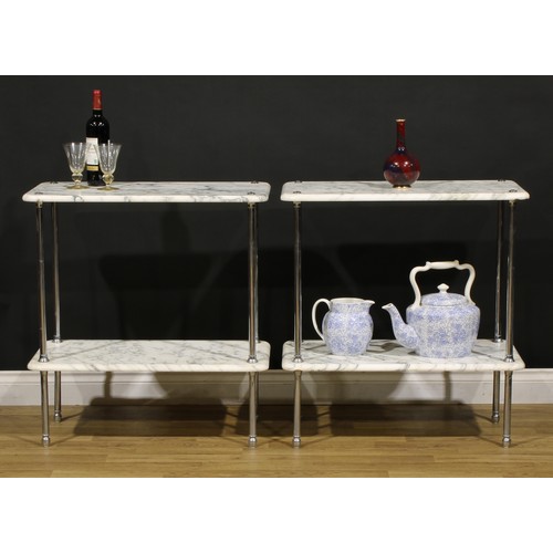 3351 - A pair of mid-20th century arabescato marble and tubular chromed metal two-tier pier tables, 79cm hi... 