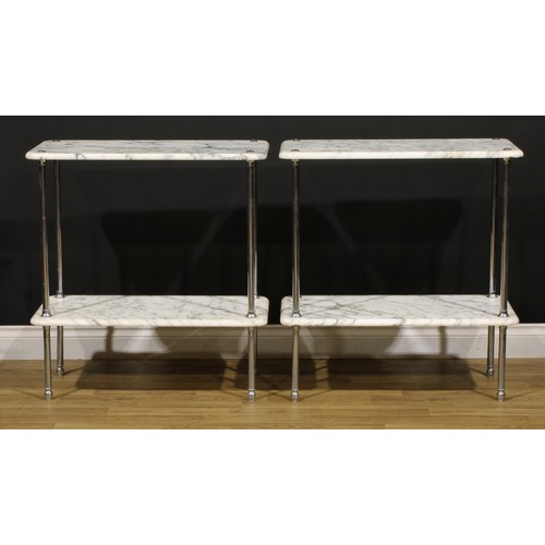 3351 - A pair of mid-20th century arabescato marble and tubular chromed metal two-tier pier tables, 79cm hi... 