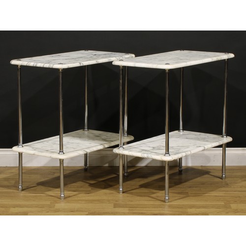 3351 - A pair of mid-20th century arabescato marble and tubular chromed metal two-tier pier tables, 79cm hi... 