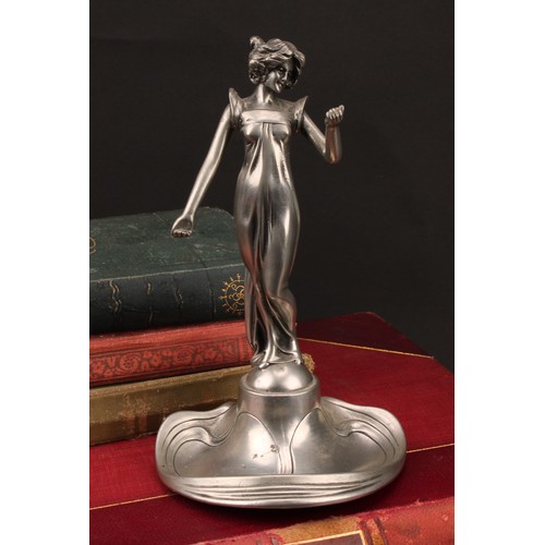 3371 - A pewter pocket watch stand, as an Art Nouveau maiden in flowing dress, dished base, number 9706, 20... 