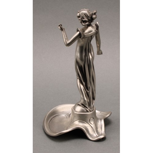 3371 - A pewter pocket watch stand, as an Art Nouveau maiden in flowing dress, dished base, number 9706, 20... 