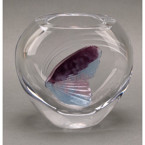 3238 - A French Daum ovoid clear glass vase, applied in relief with a lilac and mauve fish, to verso engrav... 