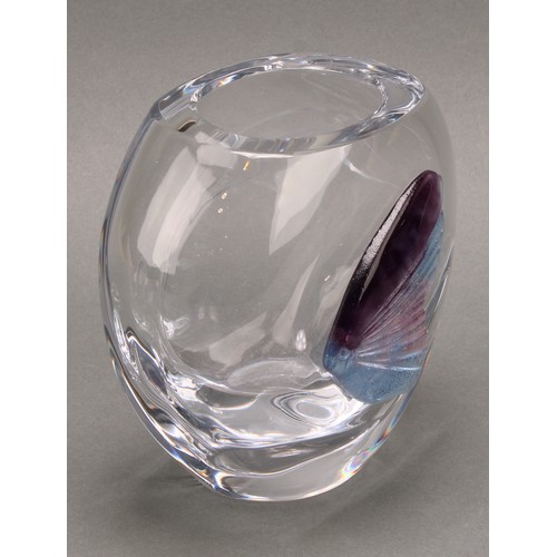 3238 - A French Daum ovoid clear glass vase, applied in relief with a lilac and mauve fish, to verso engrav... 