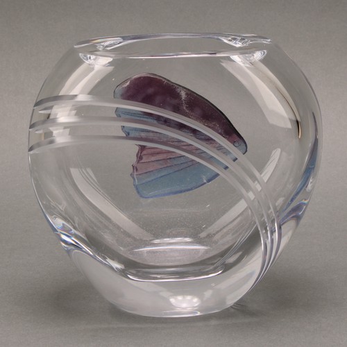 3238 - A French Daum ovoid clear glass vase, applied in relief with a lilac and mauve fish, to verso engrav... 