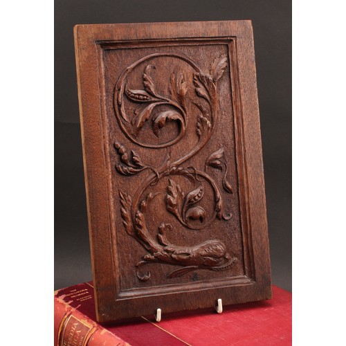 3335 - A mahogany pokerwork panel, carved with a stylised sea serpent and scrolling seaweed, 32cm x 20.5cm,... 