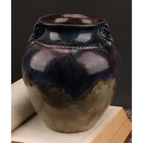 3094 - A Bourne Denby Danesby Ware ovoid amphora vase, pair of folded lug handles, drip and crackle glazed ... 