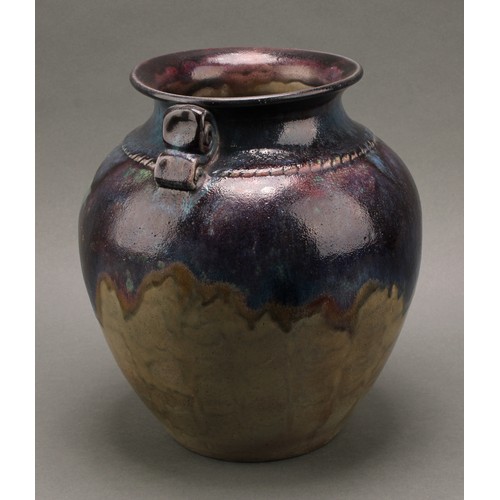 3094 - A Bourne Denby Danesby Ware ovoid amphora vase, pair of folded lug handles, drip and crackle glazed ... 