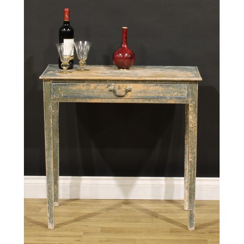 3339 - A 19th century vernacular painted pine side table, rectangular top above a long frieze drawer, brass... 