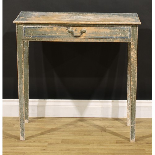 3339 - A 19th century vernacular painted pine side table, rectangular top above a long frieze drawer, brass... 