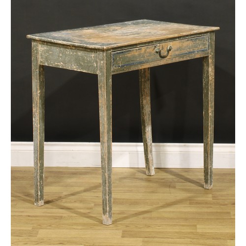 3339 - A 19th century vernacular painted pine side table, rectangular top above a long frieze drawer, brass... 