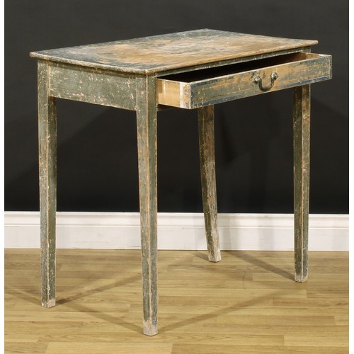 3339 - A 19th century vernacular painted pine side table, rectangular top above a long frieze drawer, brass... 