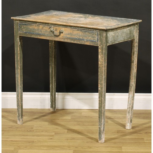 3339 - A 19th century vernacular painted pine side table, rectangular top above a long frieze drawer, brass... 