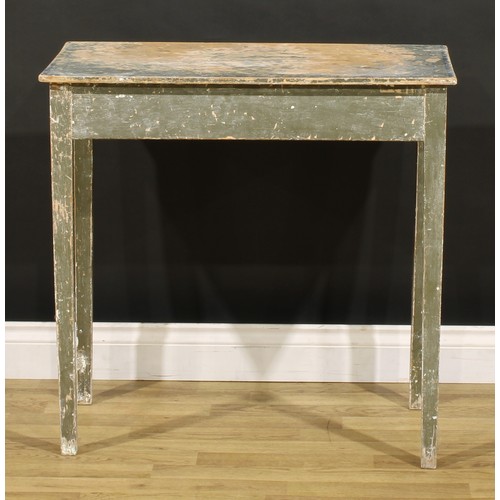 3339 - A 19th century vernacular painted pine side table, rectangular top above a long frieze drawer, brass... 