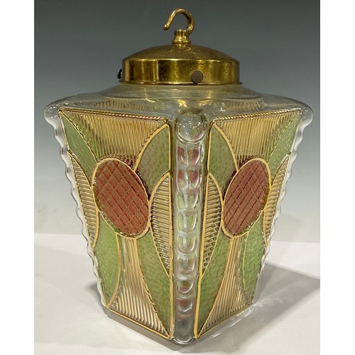 3386 - An Art Deco glass lantern light, with four panels of coloured glass in shades of green and red, the ... 