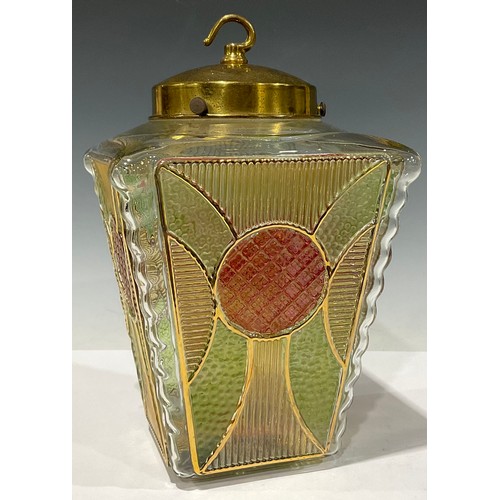 3386 - An Art Deco glass lantern light, with four panels of coloured glass in shades of green and red, the ... 