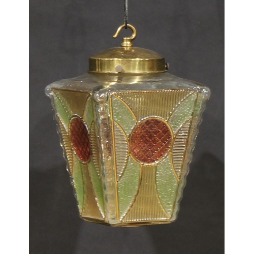 3386 - An Art Deco glass lantern light, with four panels of coloured glass in shades of green and red, the ... 