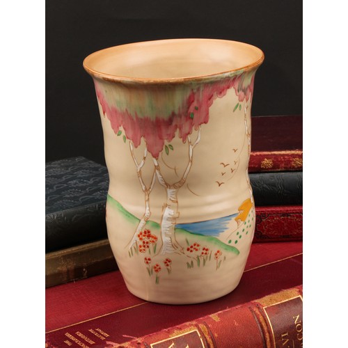 3008 - A Clarice Cliff Pink Taormina pattern waisted vase, decorated in polychrome, 17.5cm high, printed ma... 